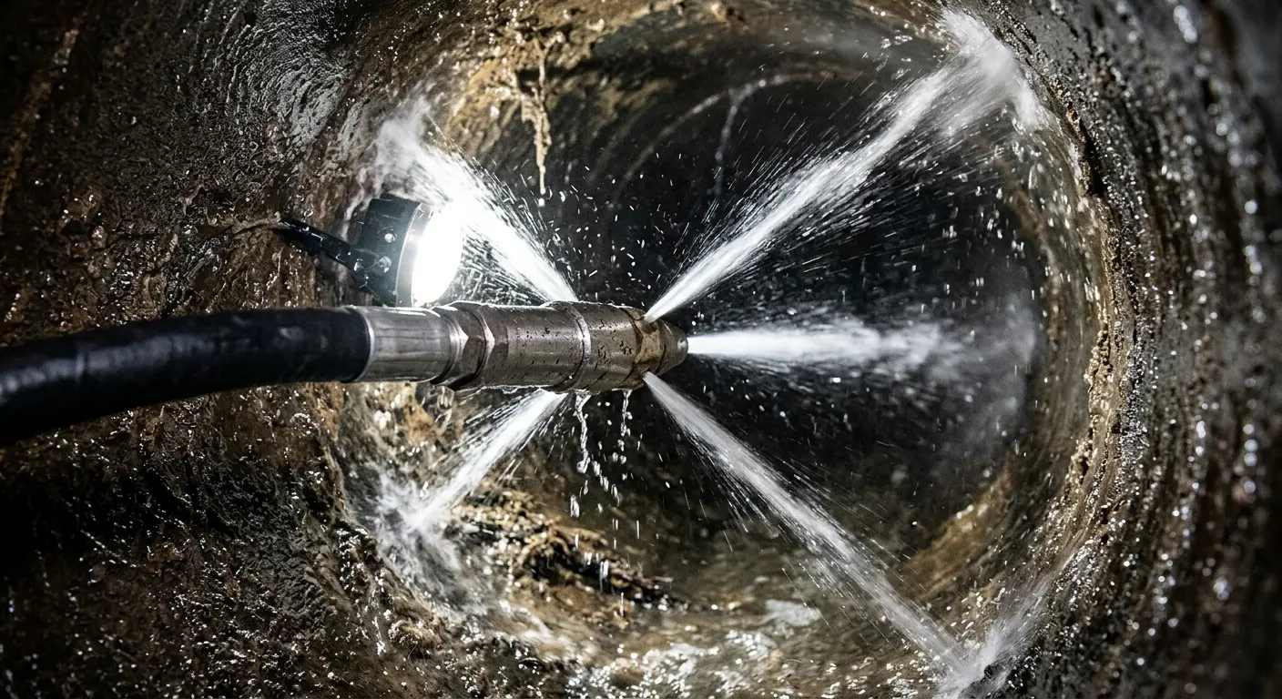 High-pressure hydro jetting nozzle cleaning sewer pipe for Sewer Cleanout in Tipton