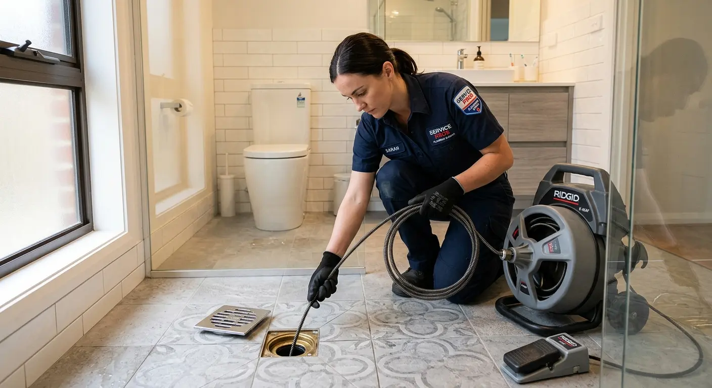 Technician clearing a bathroom floor drain for Clogged Drain Repair in Tipton
